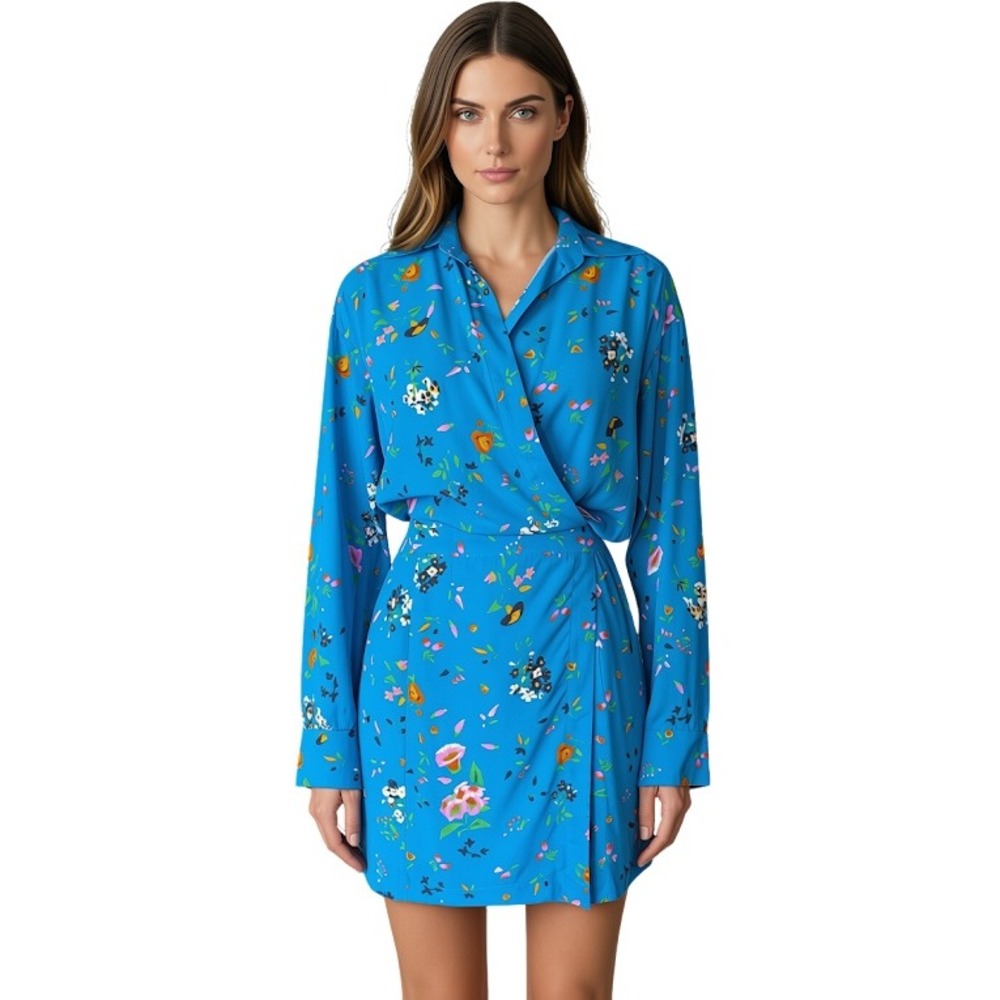 Zadig & Voltaire Ravy Crepe Uma Blue Floral Wrap Mini Dress WWDR01236 XS NEW